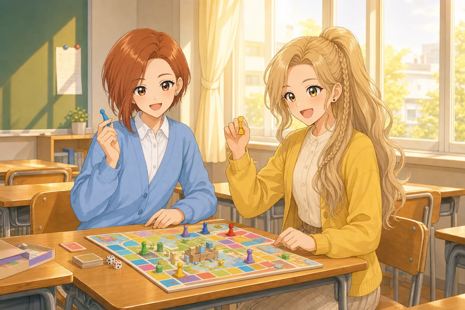 鳴海理央、砂原ニコが放課後の教室でボードゲームを楽しむ様子