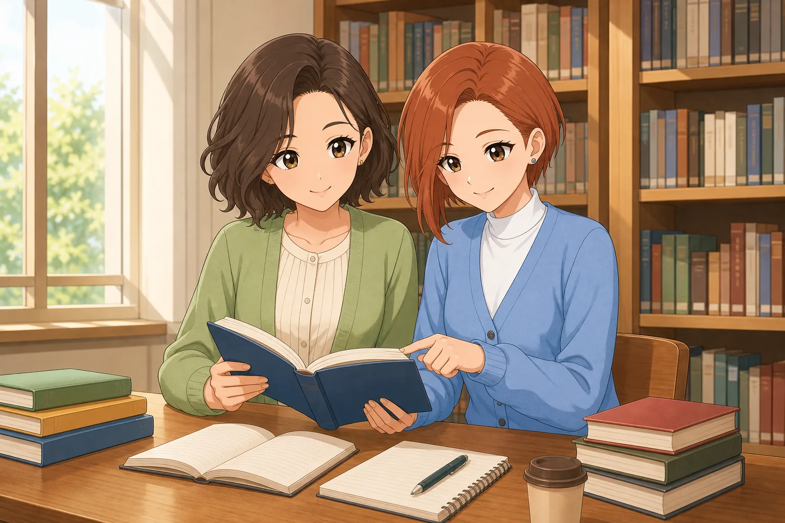 緒方ナオミ先生、鳴海理央が図書室で読書会を楽しむ様子