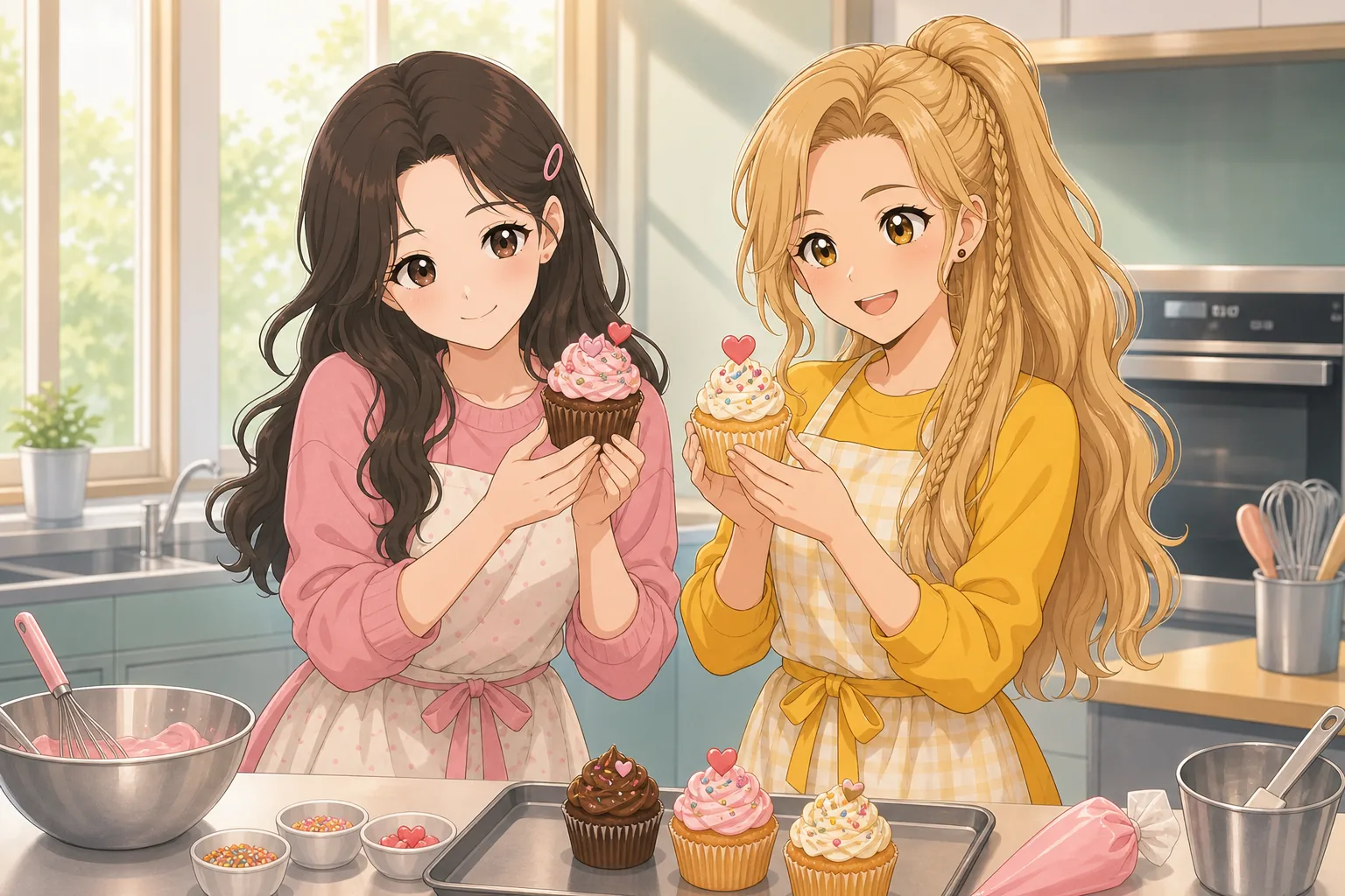 藤咲まりあ、砂原ニコが調理室でカップケーキ作りを楽しむ様子