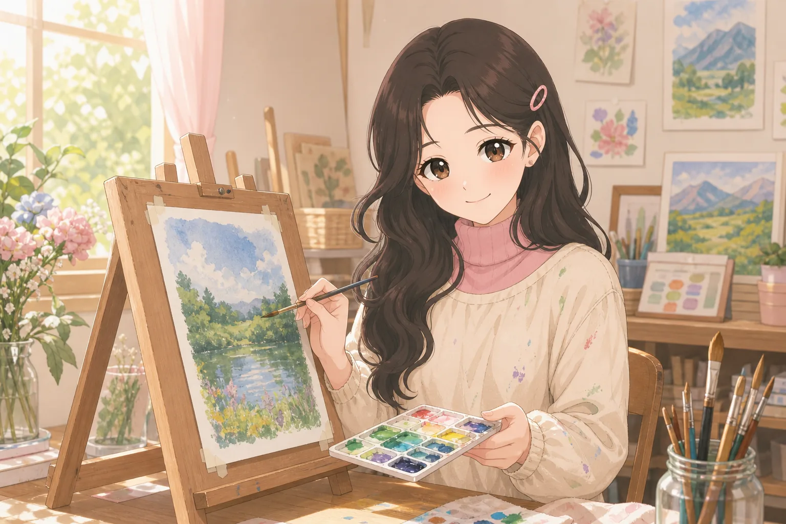藤咲まりあが美術室で水彩画を楽しむ様子