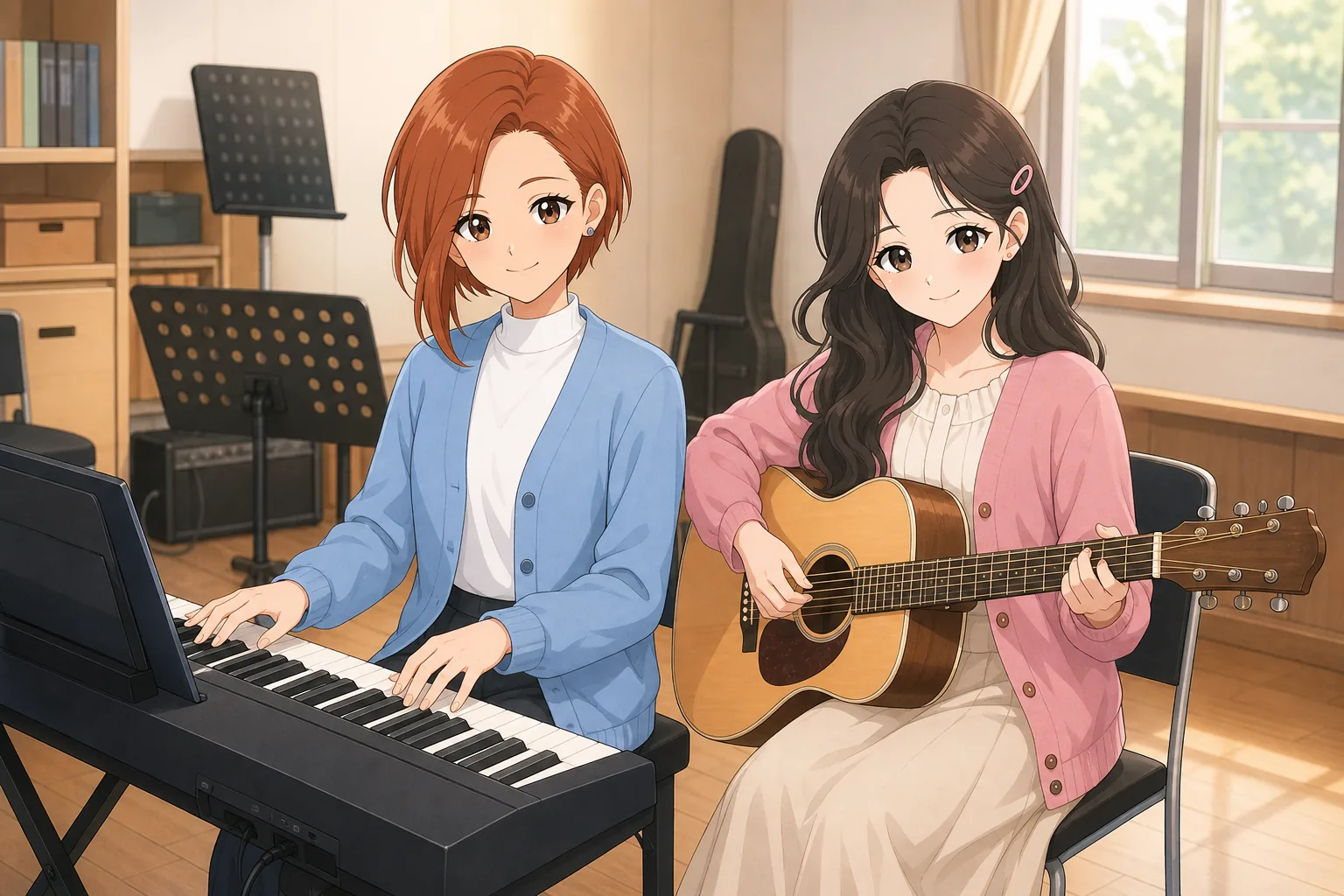鳴海理央、藤咲まりあが音楽室でセッションを楽しむ様子
