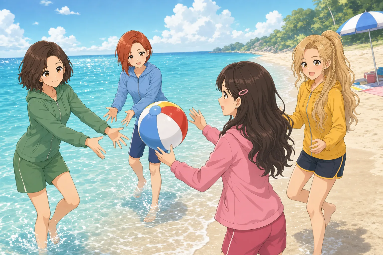 緒方ナオミ先生、鳴海理央、藤咲まりあ、砂原ニコが海辺でビーチボールを楽しむ様子