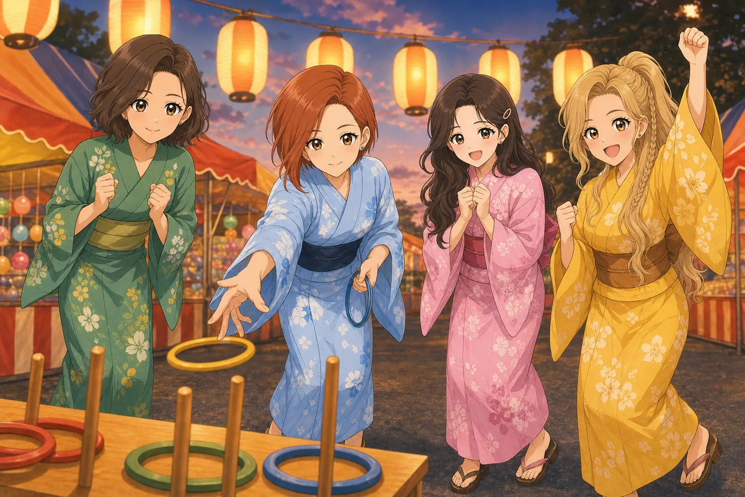 緒方ナオミ先生、鳴海理央、藤咲まりあ、砂原ニコが夏祭りで輪投げを楽しむ様子