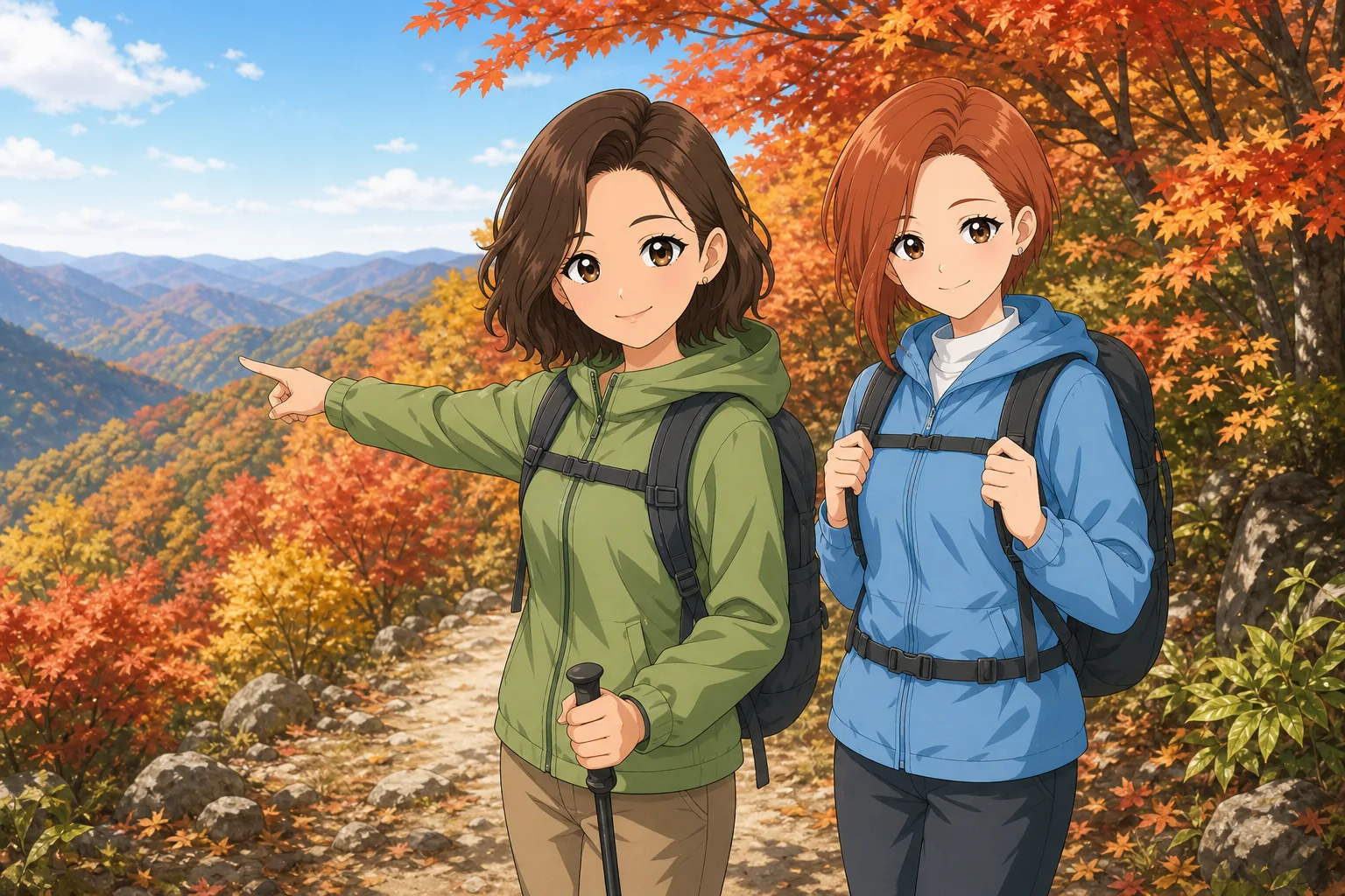 緒方ナオミ先生、鳴海理央が紅葉の山をハイキングを楽しむ様子