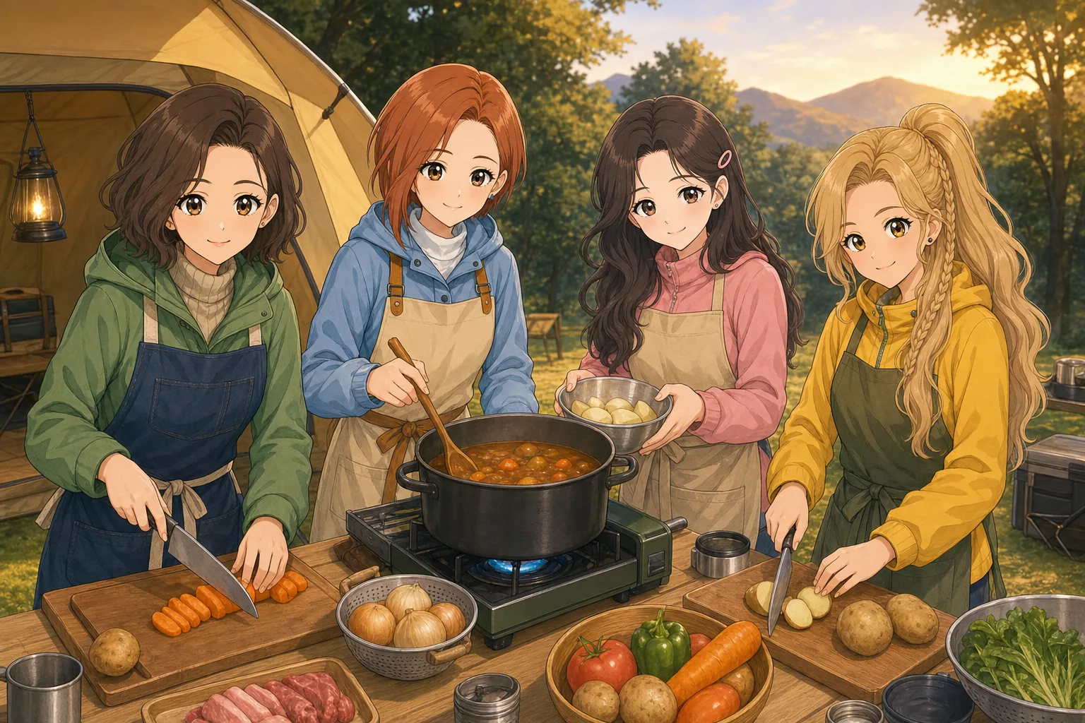 緒方ナオミ先生、鳴海理央、藤咲まりあ、砂原ニコがキャンプでカレー作りを楽しむ様子