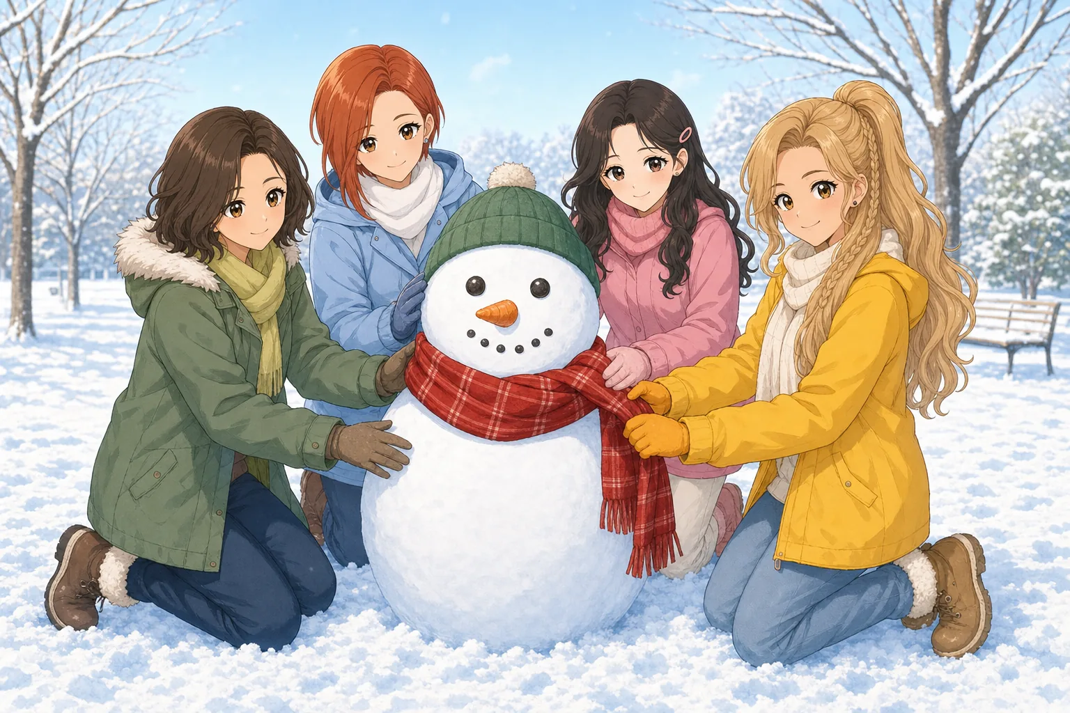 緒方ナオミ先生、鳴海理央、藤咲まりあ、砂原ニコが雪だるま作りを楽しむ様子
