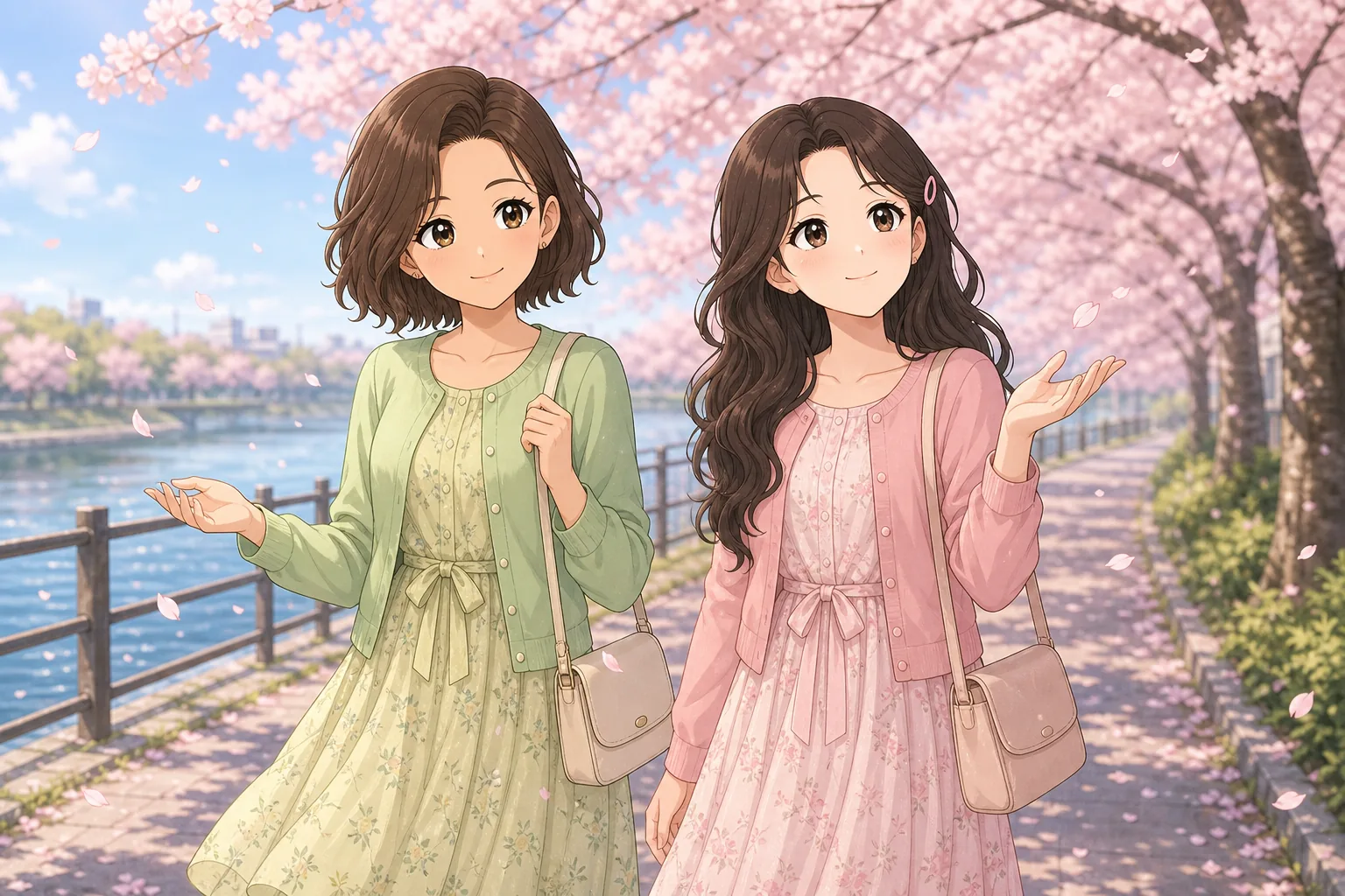 緒方ナオミ先生、藤咲まりあが桜並木をお散歩を楽しむ様子
