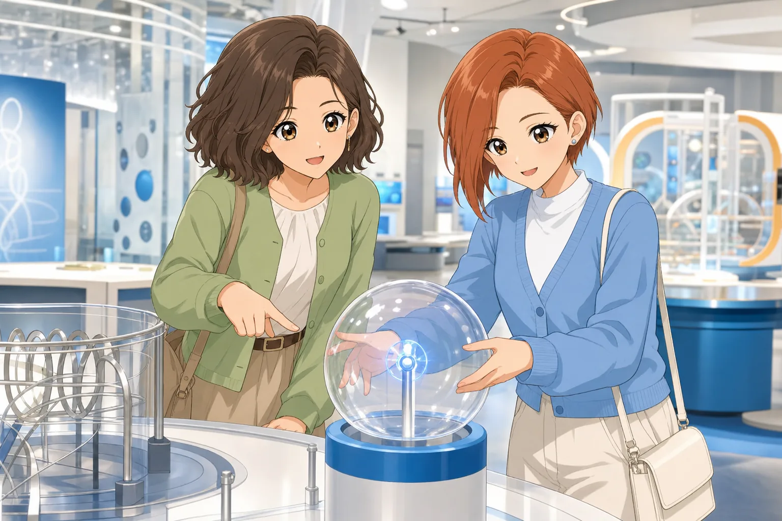 緒方ナオミ先生、鳴海理央が科学館の体験展示を楽しむ様子