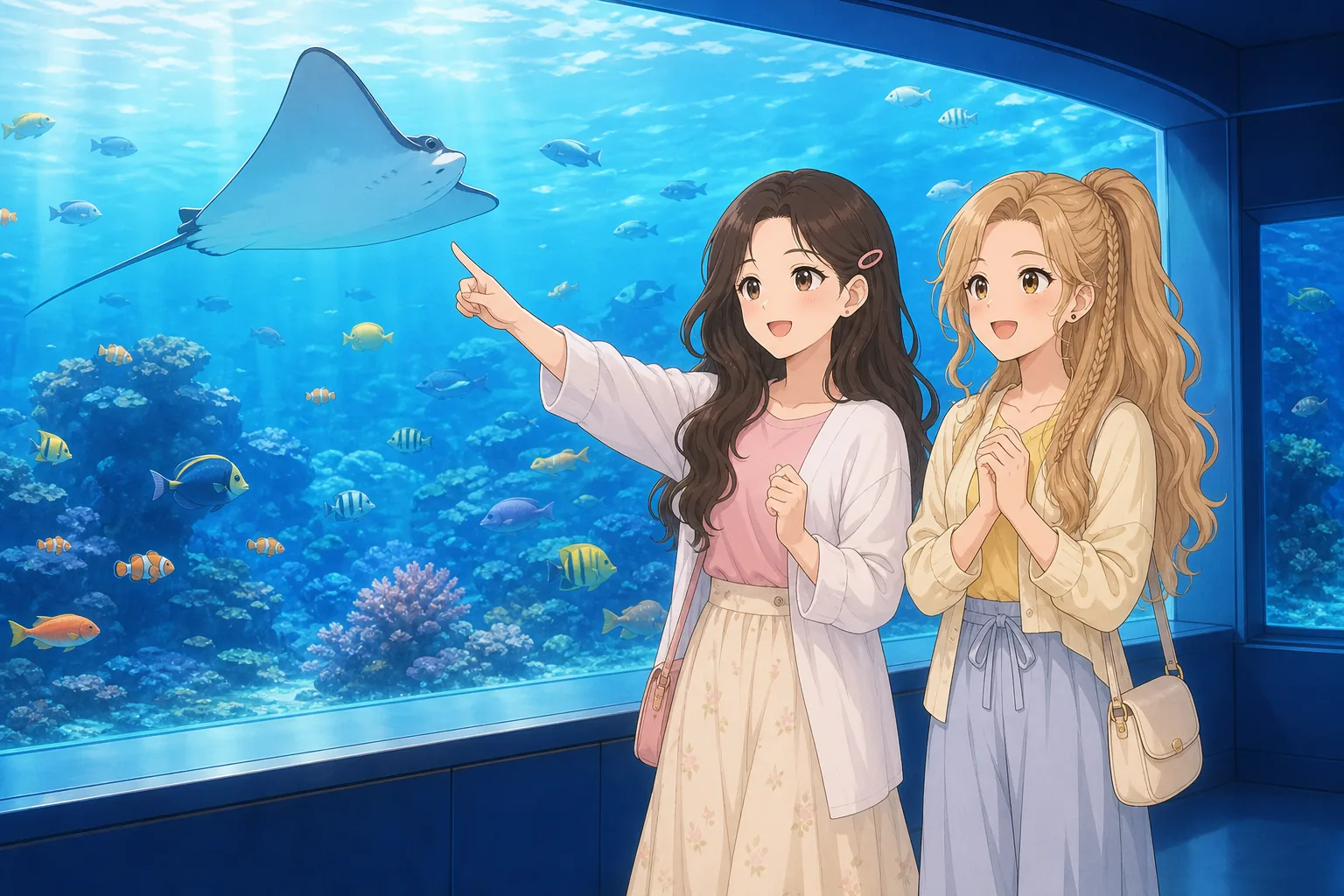 藤咲まりあ、砂原ニコが水族館で大水槽を鑑賞を楽しむ様子