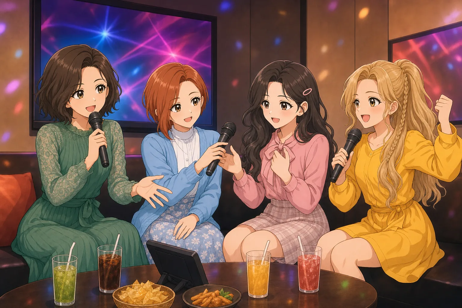 緒方ナオミ先生、鳴海理央、藤咲まりあ、砂原ニコがカラオケで歌うを楽しむ様子