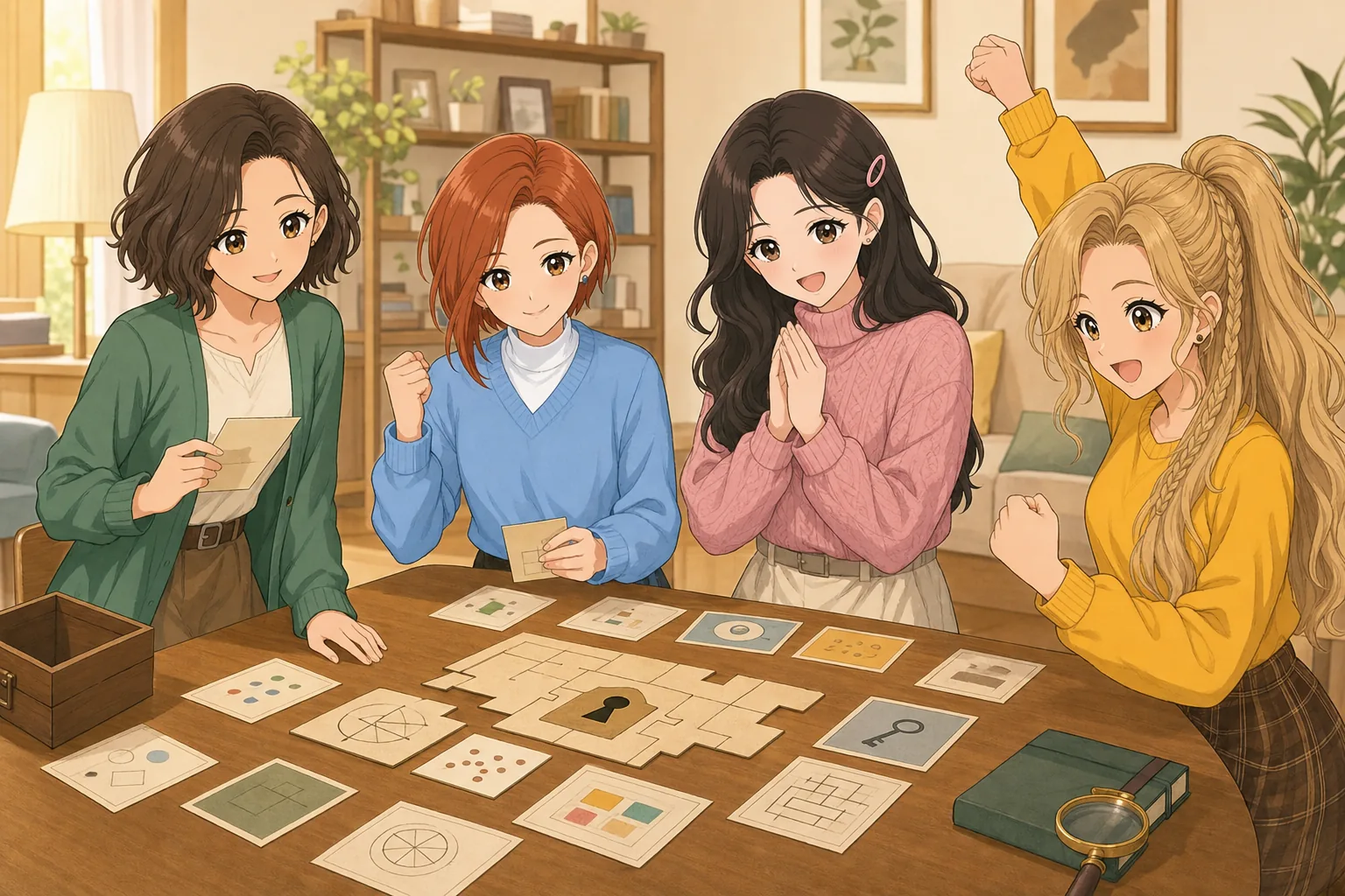 緒方ナオミ先生、鳴海理央、藤咲まりあ、砂原ニコがテーブル謎解きゲームを楽しむ様子