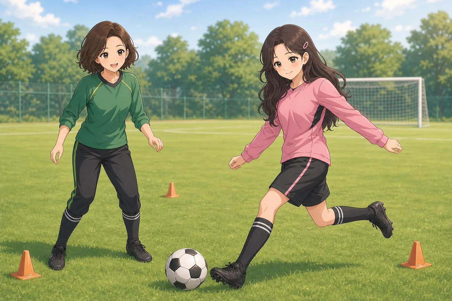 緒方ナオミ先生、藤咲まりあがグラウンドでサッカー練習を楽しむ様子