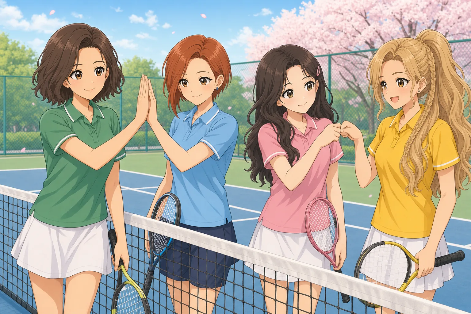 緒方ナオミ先生、鳴海理央、藤咲まりあ、砂原ニコがテニスのダブルスを楽しむ様子